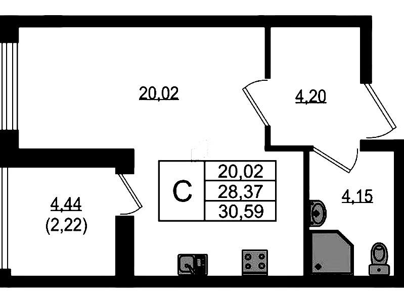 Квартира студия 30.59 м², 17/23 эт., ЖК «Южная Нева»